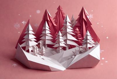 The primary subject of the image is a paper cutout of a forest, featuring trees and a mountain. The setting is a pink background, which adds a warm and inviting atmosphere to the scene. The visual style is a combination of digital art and illustration, as the paper cutout is skillfully crafted and the colors are vibrant. The colors and mood of the image are predominantly pink, which creates a sense of warmth and tranquility.